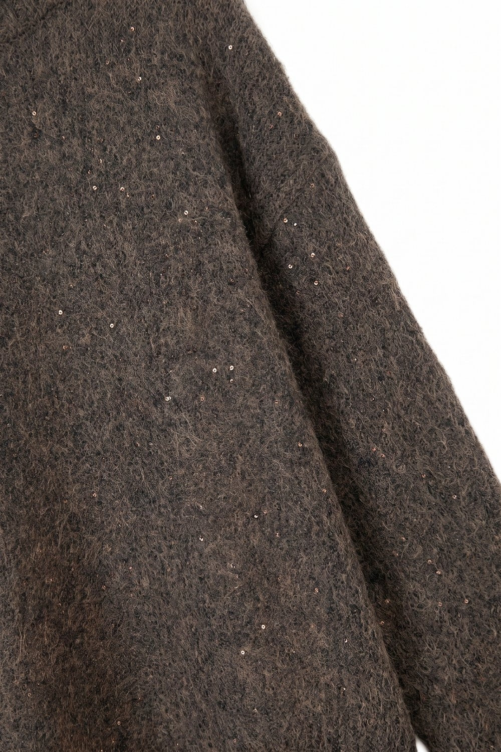 Brown Sequined Brushed Knit Crew Neck Oversize Sweater - Jumpers