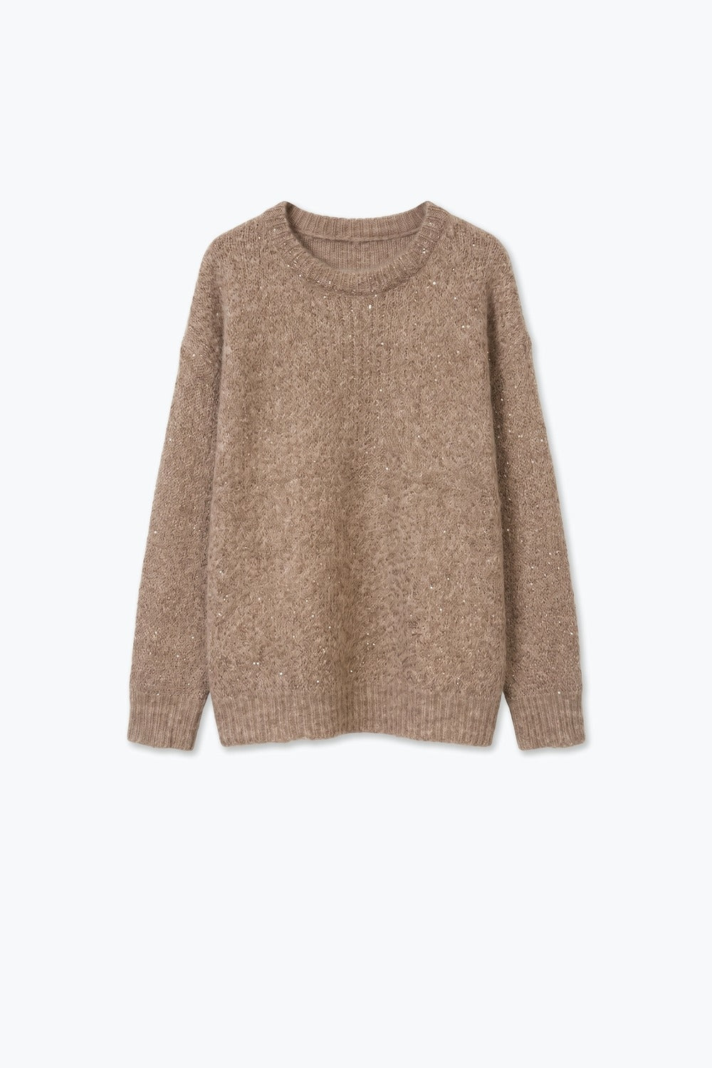 Beige Brushed Knit Sequined Crew Neck Ribbed Trim Sweater - Jumpers