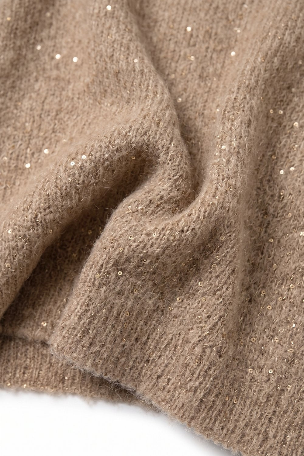 Beige Brushed Knit Sequined Crew Neck Ribbed Trim Sweater - Jumpers