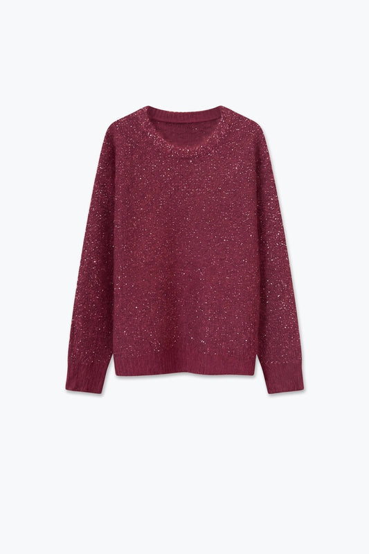 Wine Sequin Brushed Knit Ribbed Trim Crew Sweater - Jumpers