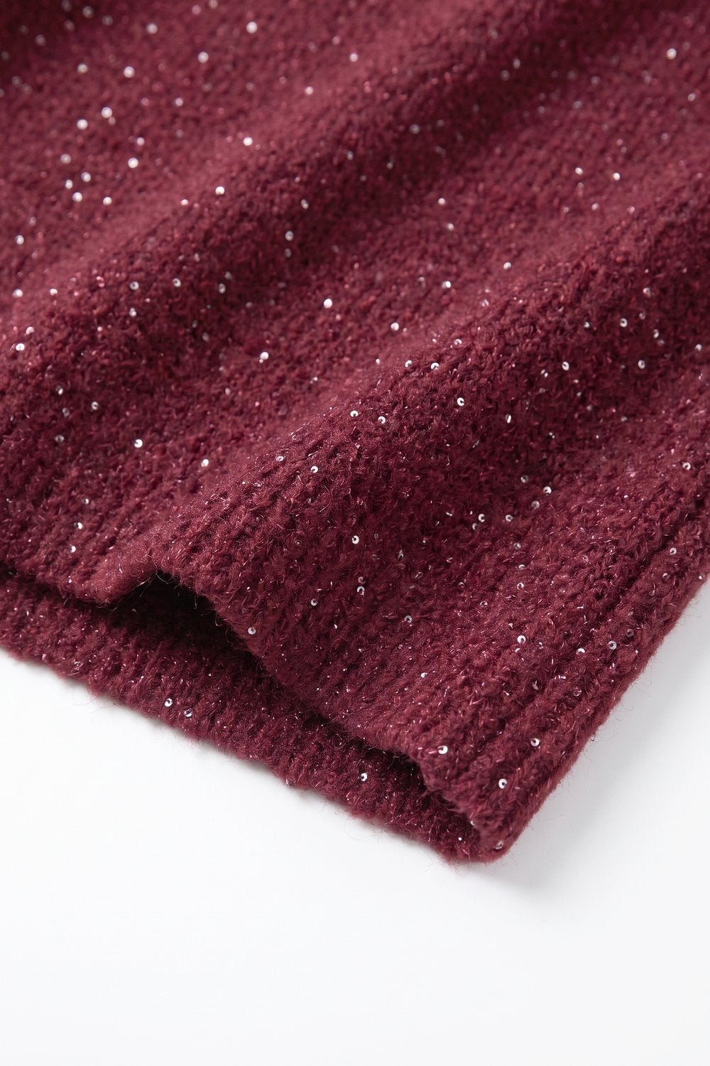 Wine Sequin Brushed Knit Ribbed Trim Crew Sweater - Jumpers