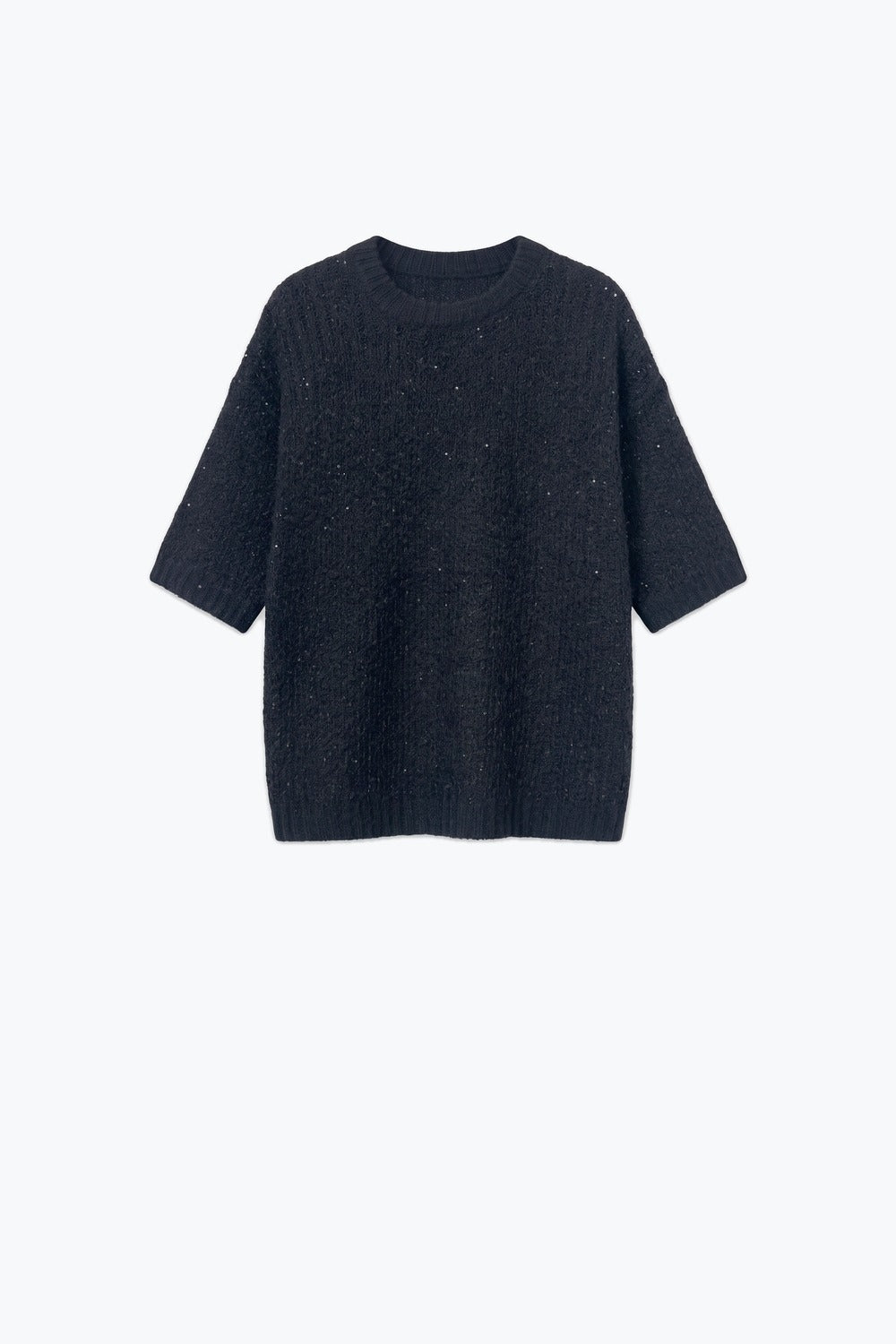 Black Sequined Soft Knit Dropped Shoulder Ribbed Trim Sweater - Jumpers