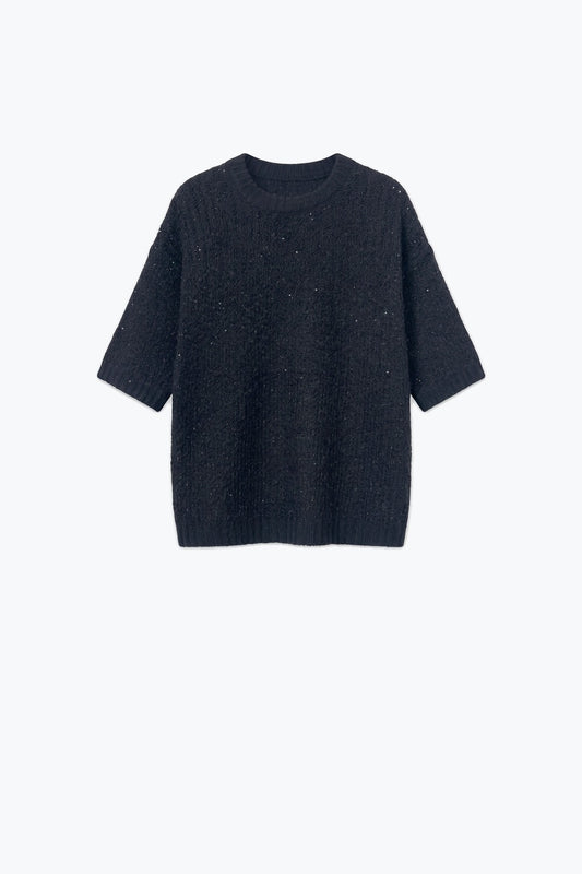 Black Sequined Soft Knit Dropped Shoulder Ribbed Trim Sweater - Jumpers