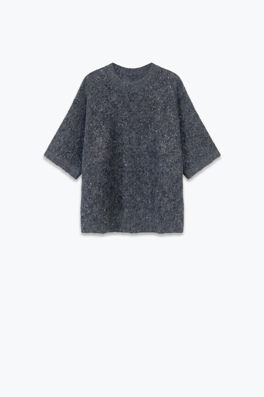 Charcoal Sequin Embellished Brushed Knit Mock Neck Dropped Shoulder Sweater - Jumpers
