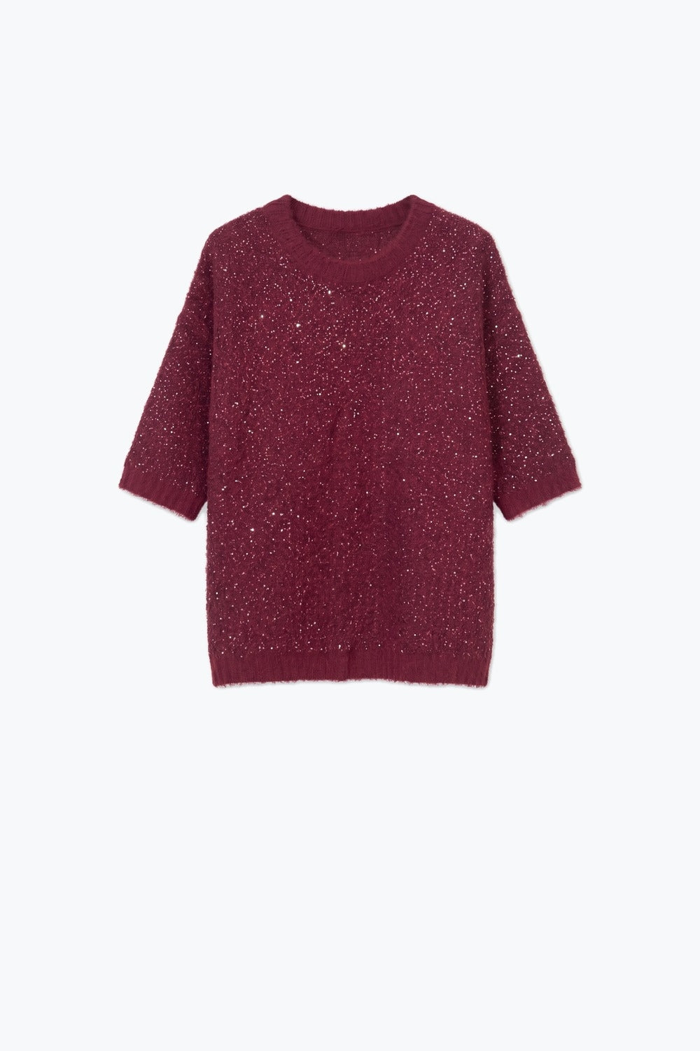 Burgundy Sequined Fluffy Knit Dropped Shoulder Sweater - Jumpers