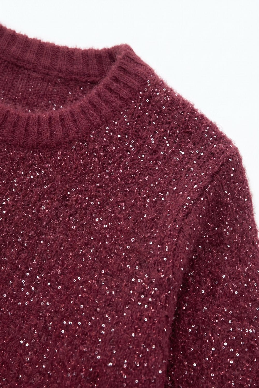 Burgundy Sequined Fluffy Knit Dropped Shoulder Sweater - Jumpers