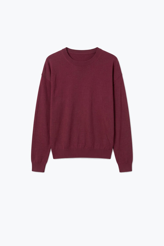 Burgundy Merino Wool Blend Fine Knit Crew Neck Sweater - Jumpers