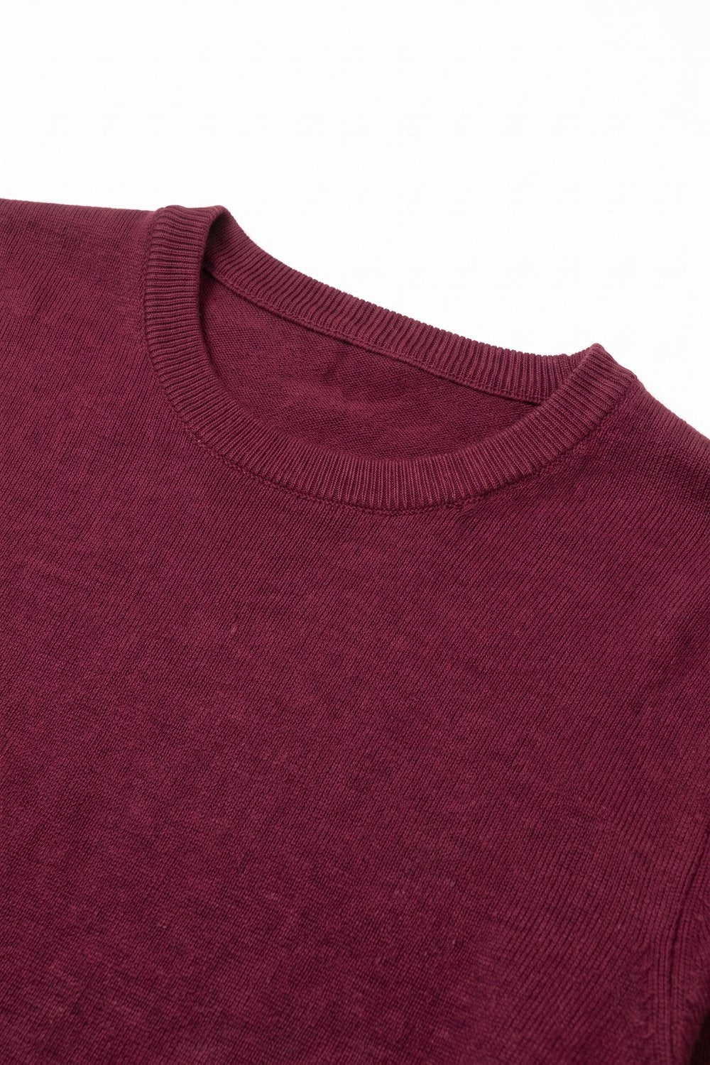 Burgundy Merino Wool Blend Fine Knit Crew Neck Sweater - Jumpers