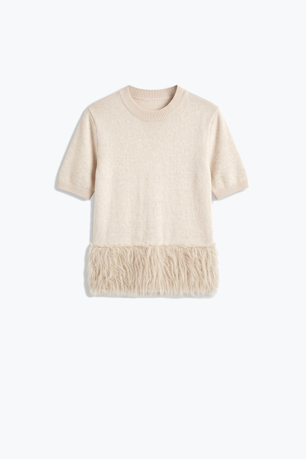 Cream Fine Knit Ribbed Crew Neck Fringe Hem Sweater - Tops