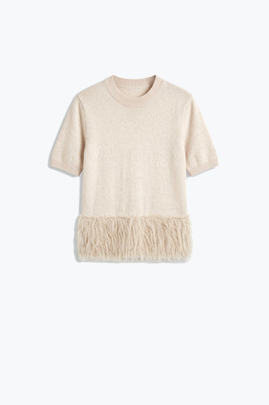 Cream Fine Knit Ribbed Crew Neck Fringe Hem Sweater - Tops