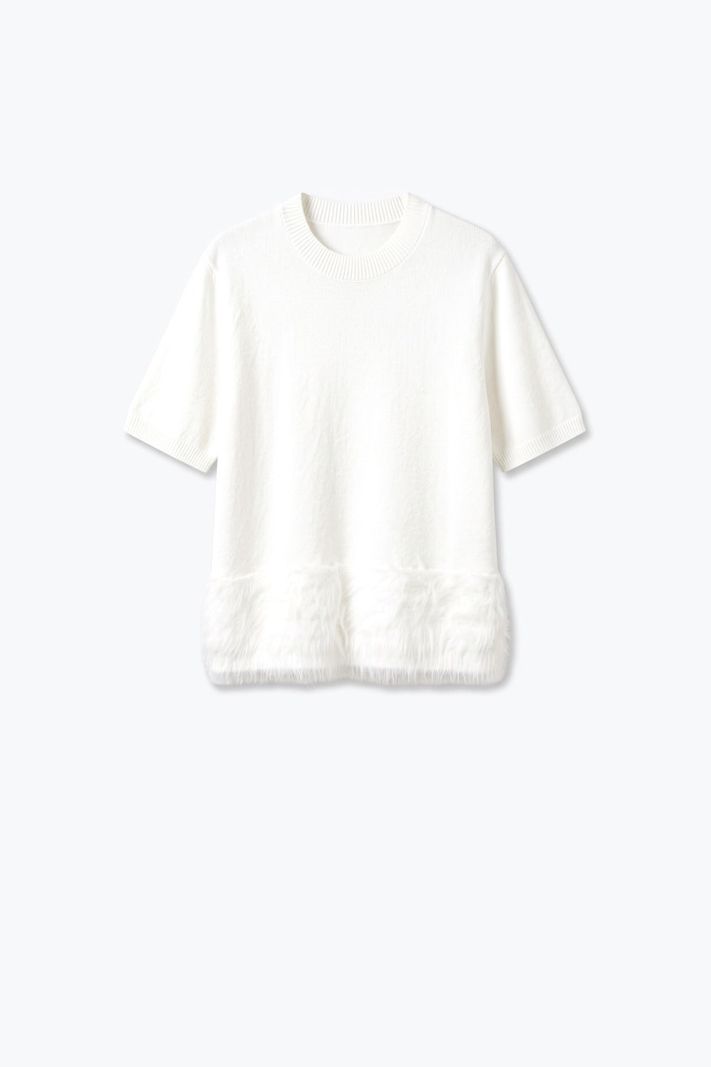 White Fine Knit Ribbed Crew Neck Faux Fur Hem Sweater - Tops