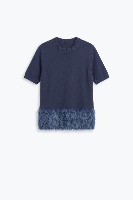 Navy Soft Knit Faux Fur Hem Short Sleeve Sweater - Tops