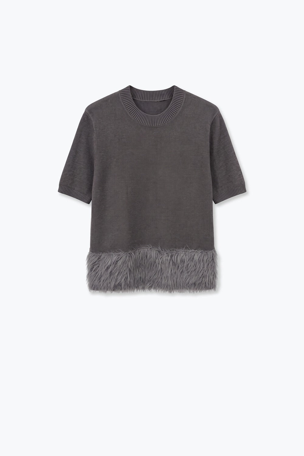 Grey Fine Knit Feather Hem Short Sleeve Sweater - Tops