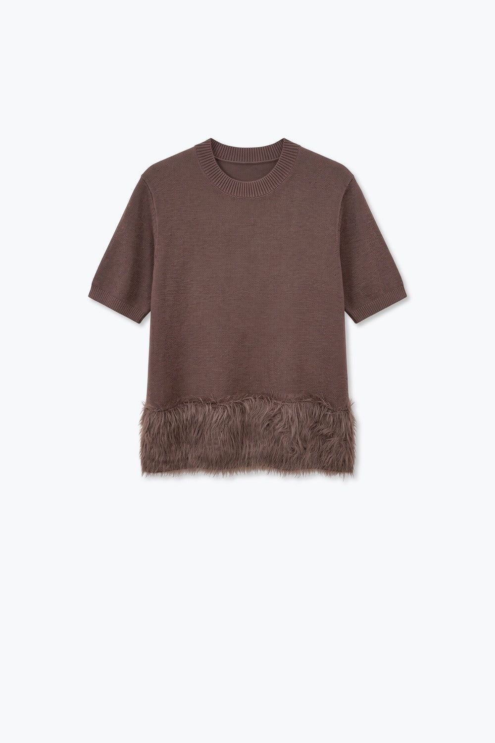 Brown Fine Knit Faux Fur Hem Short Sleeve Sweater - Tops