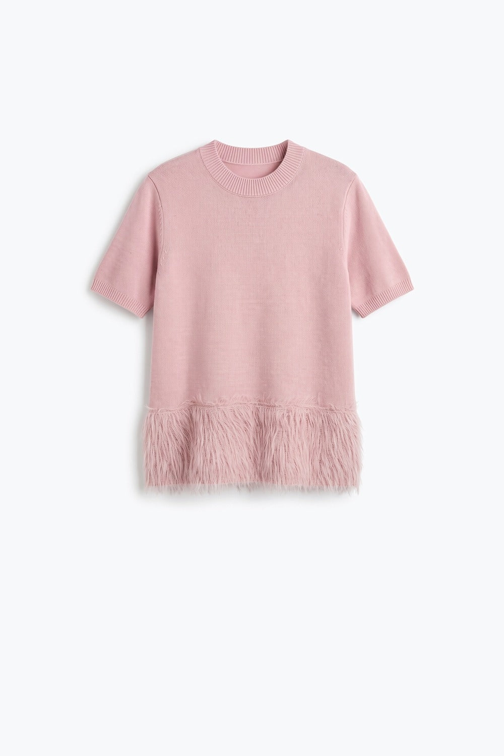 Light Pink Fine Knit Fringe Hem Short Sleeve Sweater - Tops