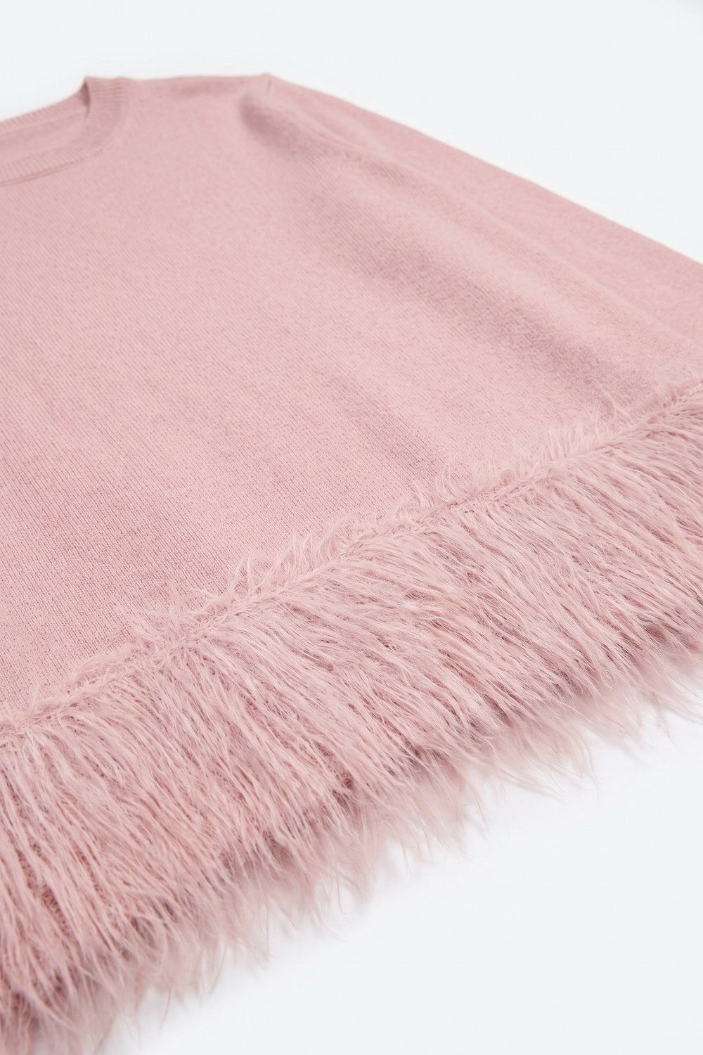 Light Pink Fine Knit Fringe Hem Short Sleeve Sweater - Tops
