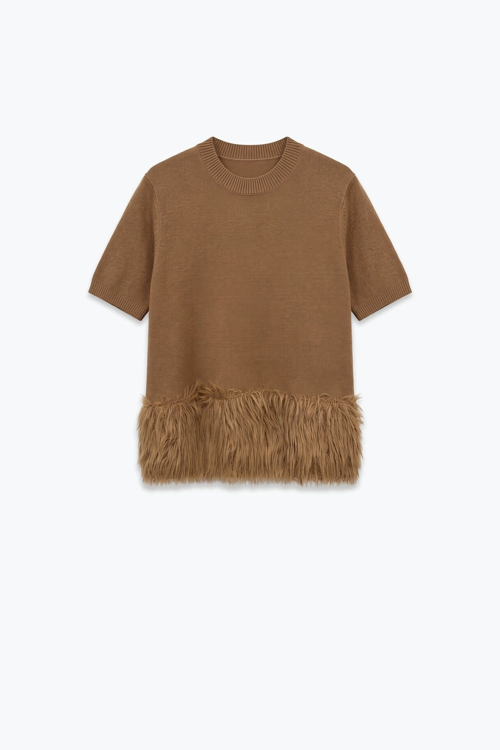 Camel Fine Knit Fringe Hem Short Sleeve Sweater - Tops