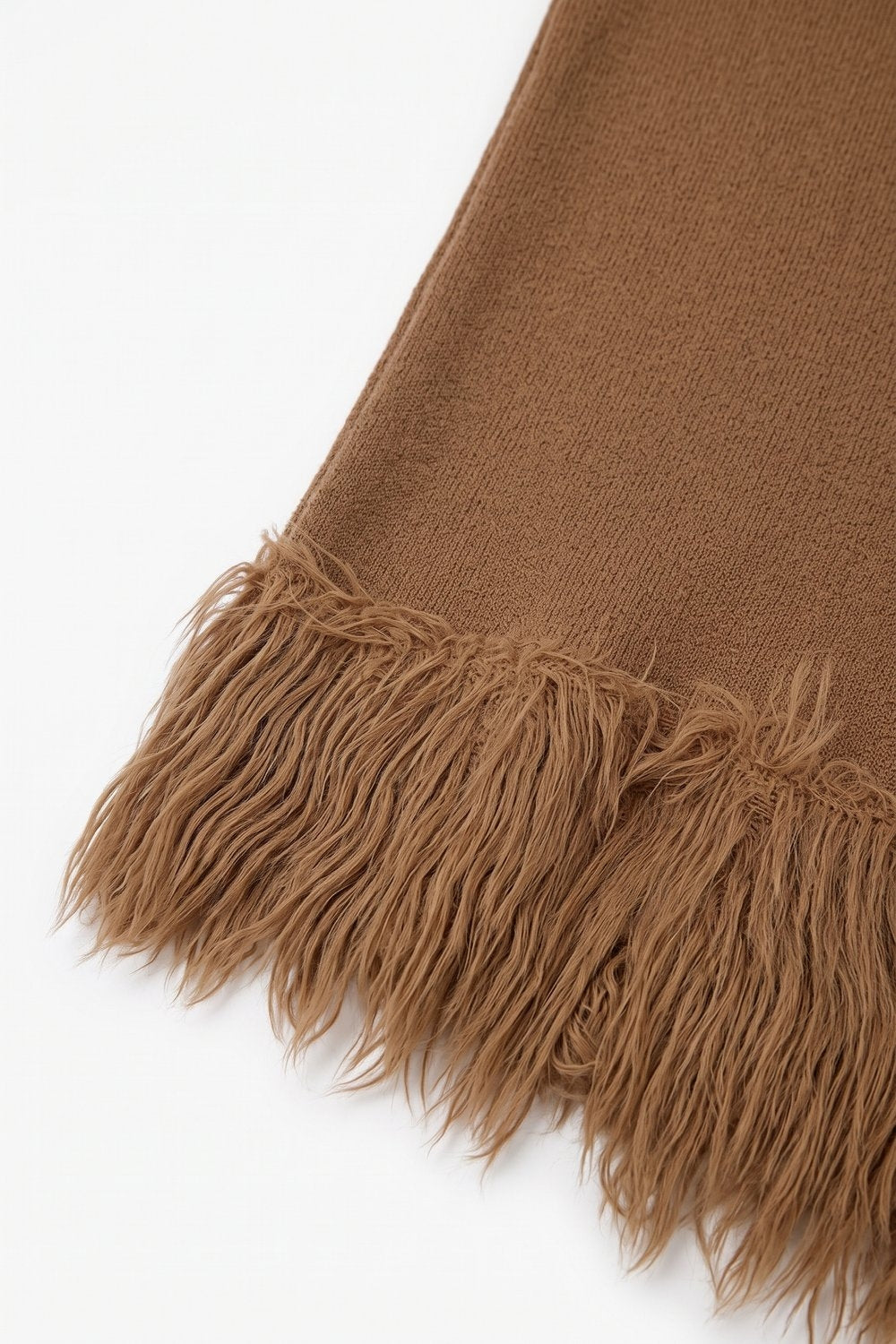 Camel Fine Knit Fringe Hem Short Sleeve Sweater - Tops