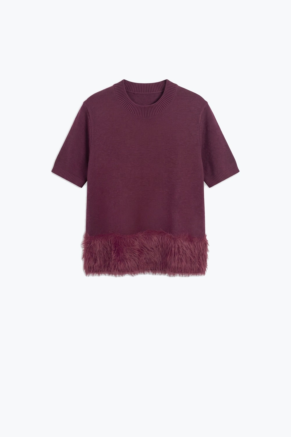 Burgundy Fine Knit Feather Hem Short Sleeve Sweater - Tops