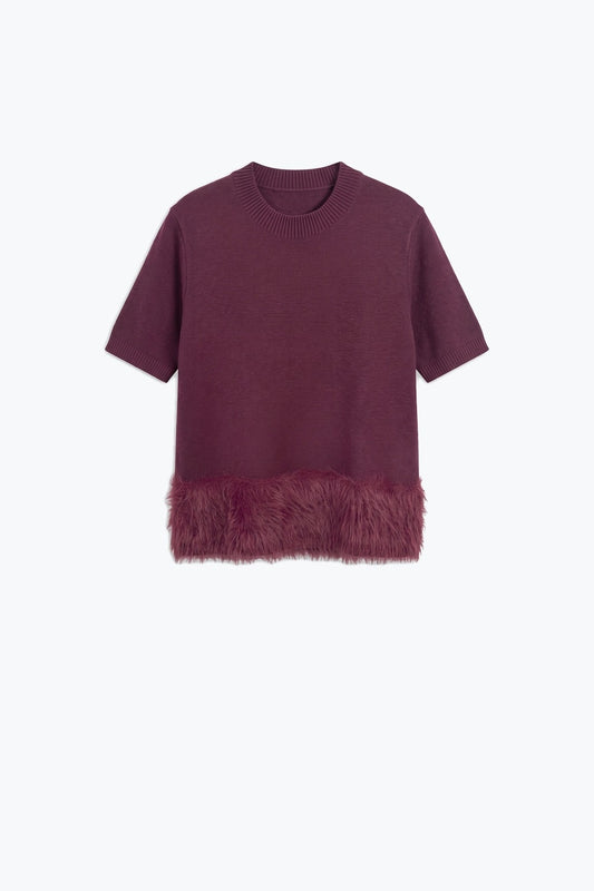 Burgundy Fine Knit Feather Hem Short Sleeve Sweater - Tops
