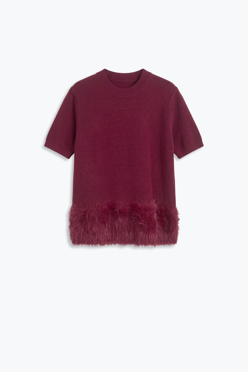 Wine Soft Knit Short Sleeve Faux Fur Hem Sweater - Tops