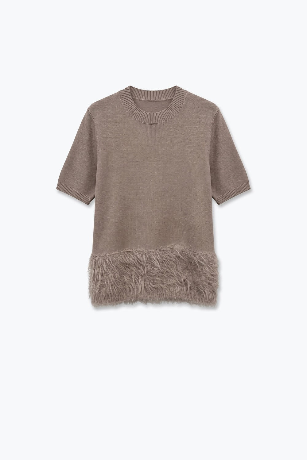 Beige Fine Knit Feather Hem Ribbed Crew Neck Sweater - Tops