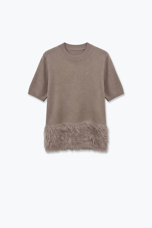 Beige Fine Knit Feather Hem Ribbed Crew Neck Sweater - Tops