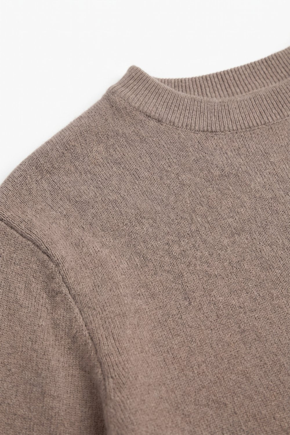 Beige Fine Knit Feather Hem Ribbed Crew Neck Sweater - Tops