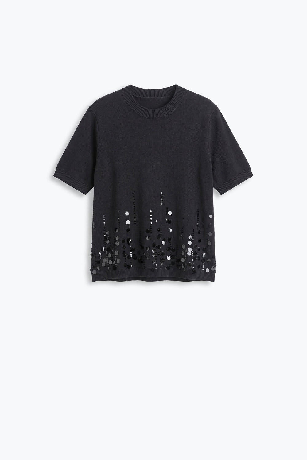 Black Knit Short Sleeve Top with Embellished Hem - Tops
