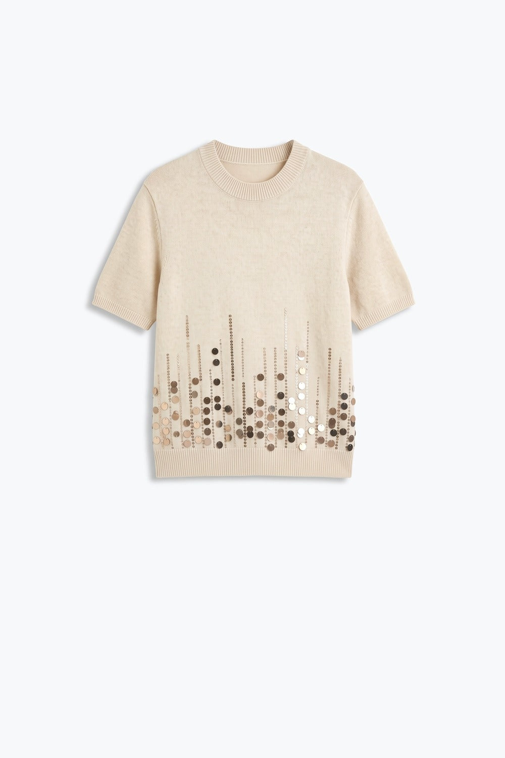 Beige Knit Short Sleeve Top with Embellished Hem - Tops
