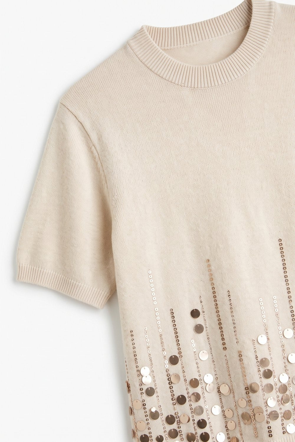 Beige Knit Short Sleeve Top with Embellished Hem - Tops