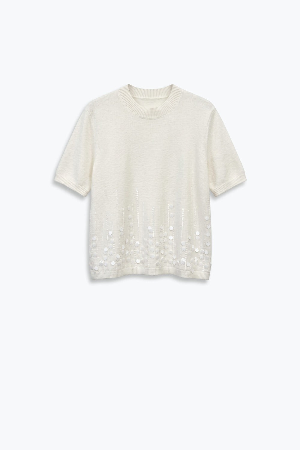 Cream Fine Knit Sequined Hem Short Sleeve Top - Tops