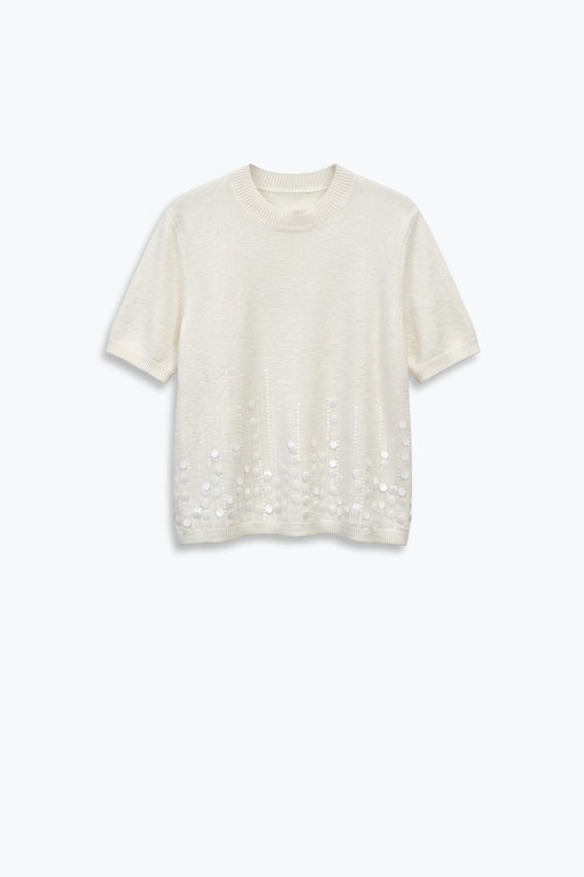Cream Fine Knit Sequined Hem Short Sleeve Top - Tops