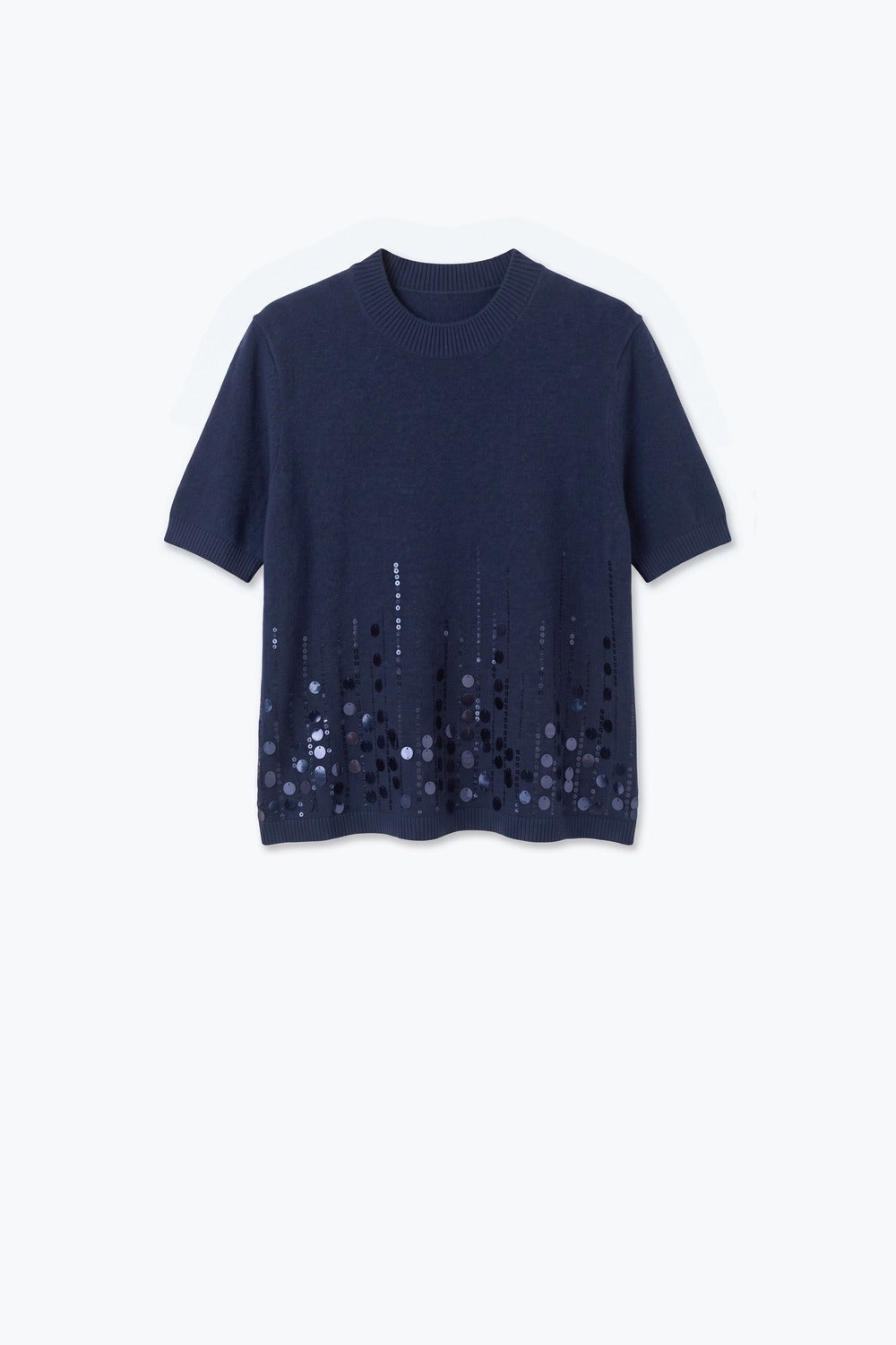 Navy Fine Knit Sequin Hem Short Sleeve Top - Tops