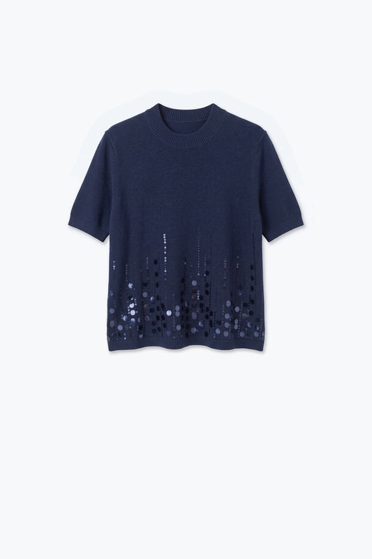 Navy Fine Knit Sequin Hem Short Sleeve Top - Tops