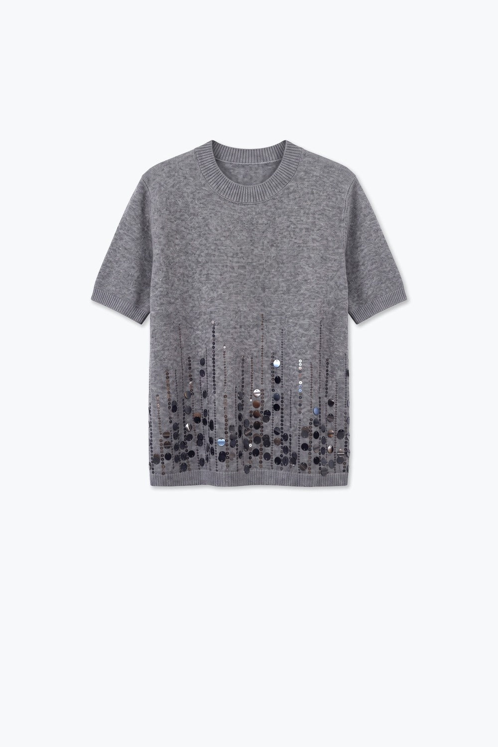 Grey Soft Knit Sequined Ribbed Crew Neck Top - Tops