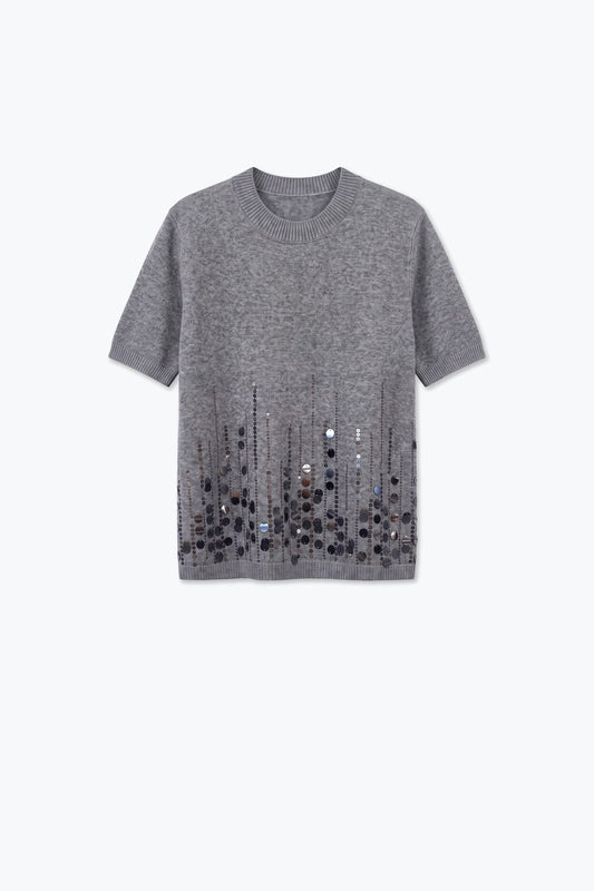 Grey Soft Knit Sequined Ribbed Crew Neck Top - Tops