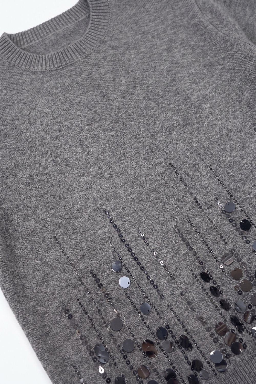 Grey Soft Knit Sequined Ribbed Crew Neck Top - Tops