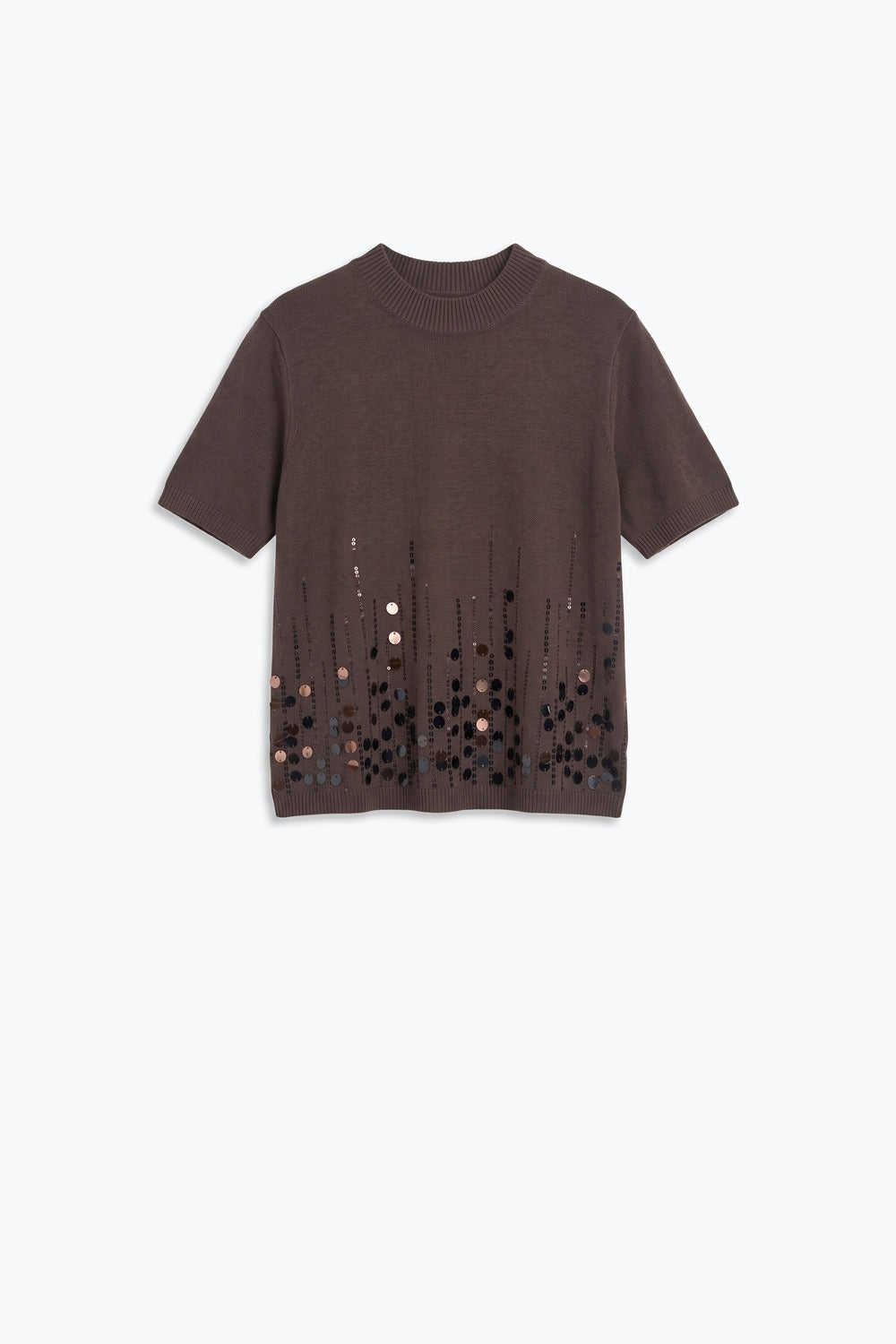 Brown Soft Knit Sequined Hem Short Sleeve Top