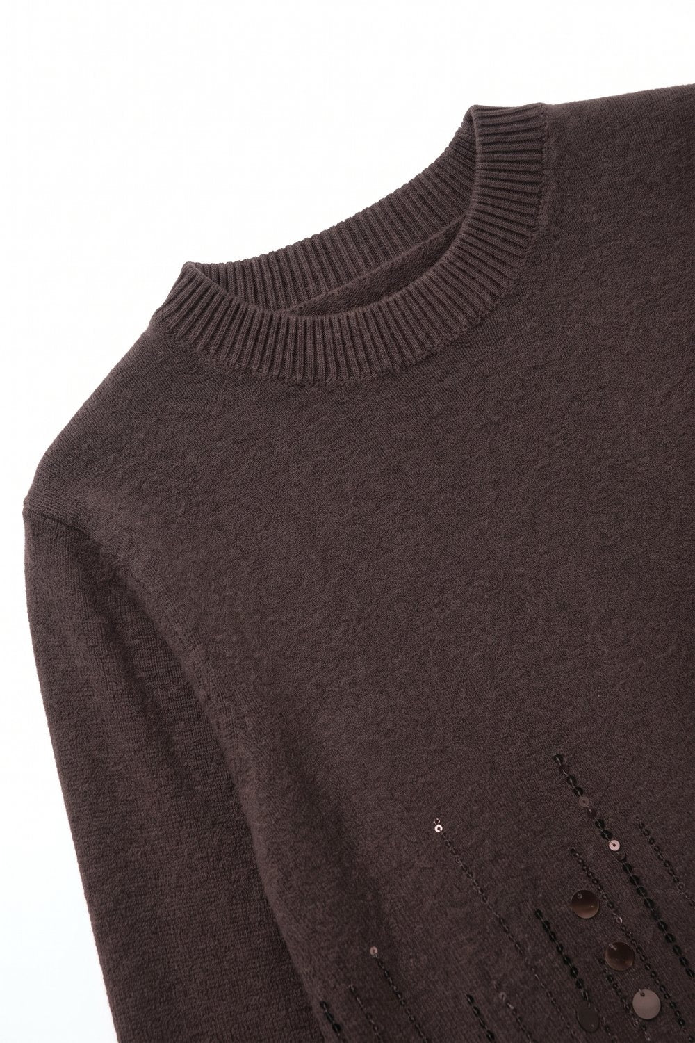 Brown Soft Knit Sequined Hem Short Sleeve Top - Tops
