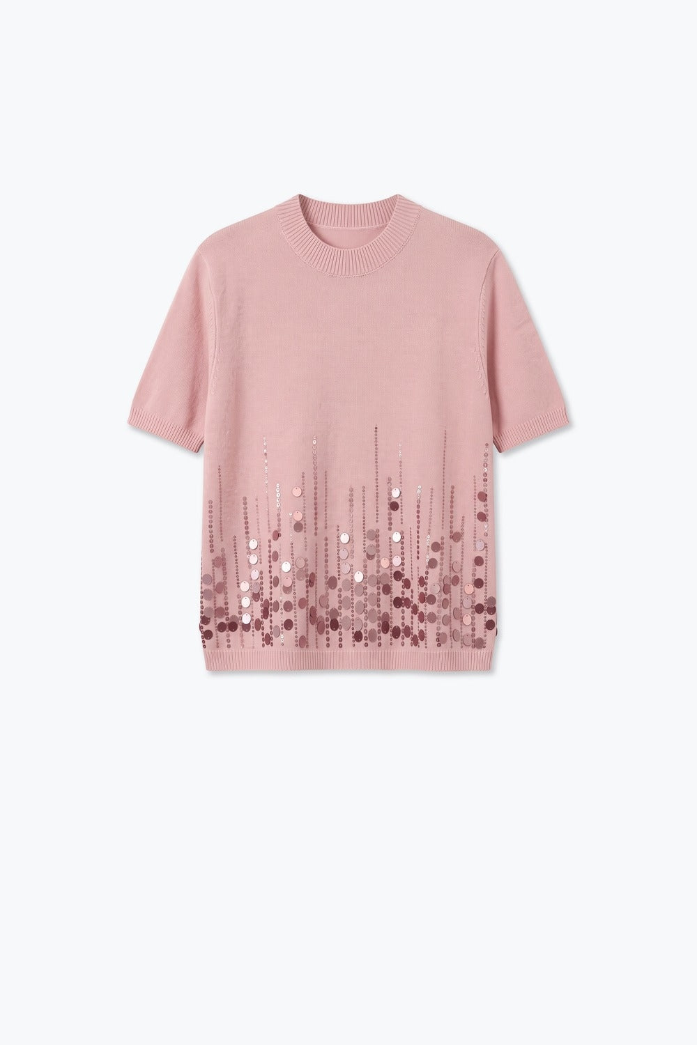 Light Pink Fine Knit Sequin Hem Short Sleeve Top - Tops
