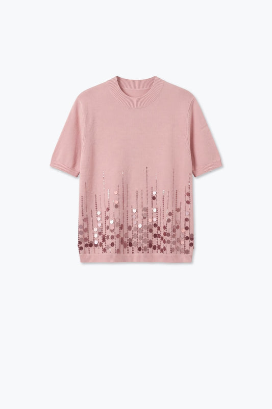 Light Pink Fine Knit Sequin Hem Short Sleeve Top - Tops