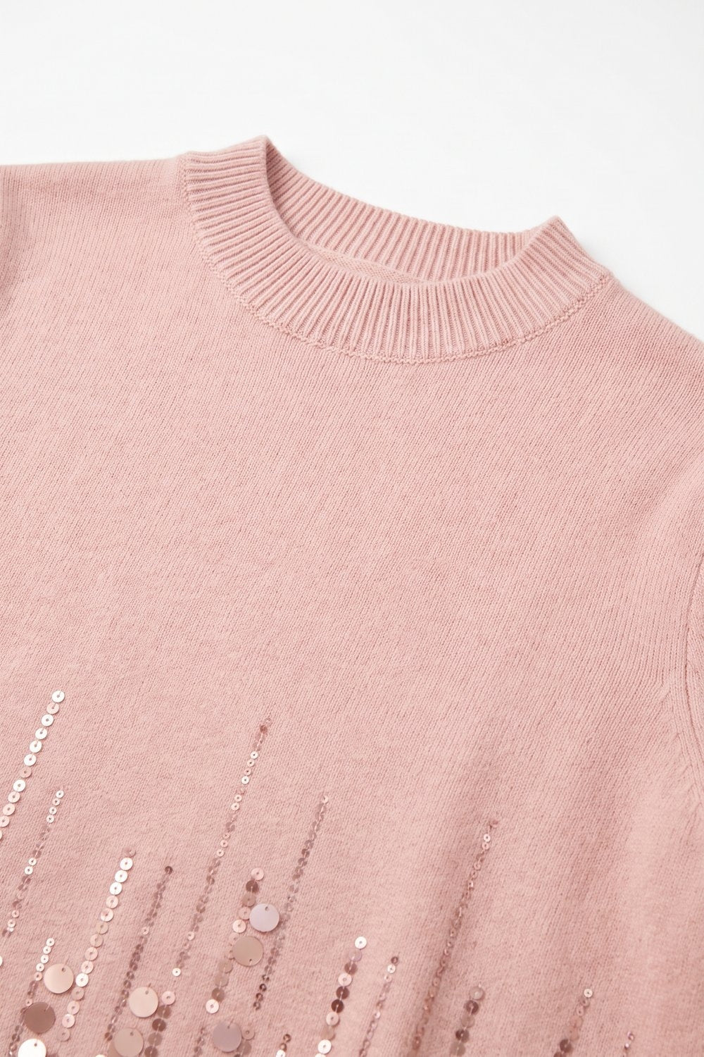 Light Pink Fine Knit Sequin Hem Short Sleeve Top - Tops