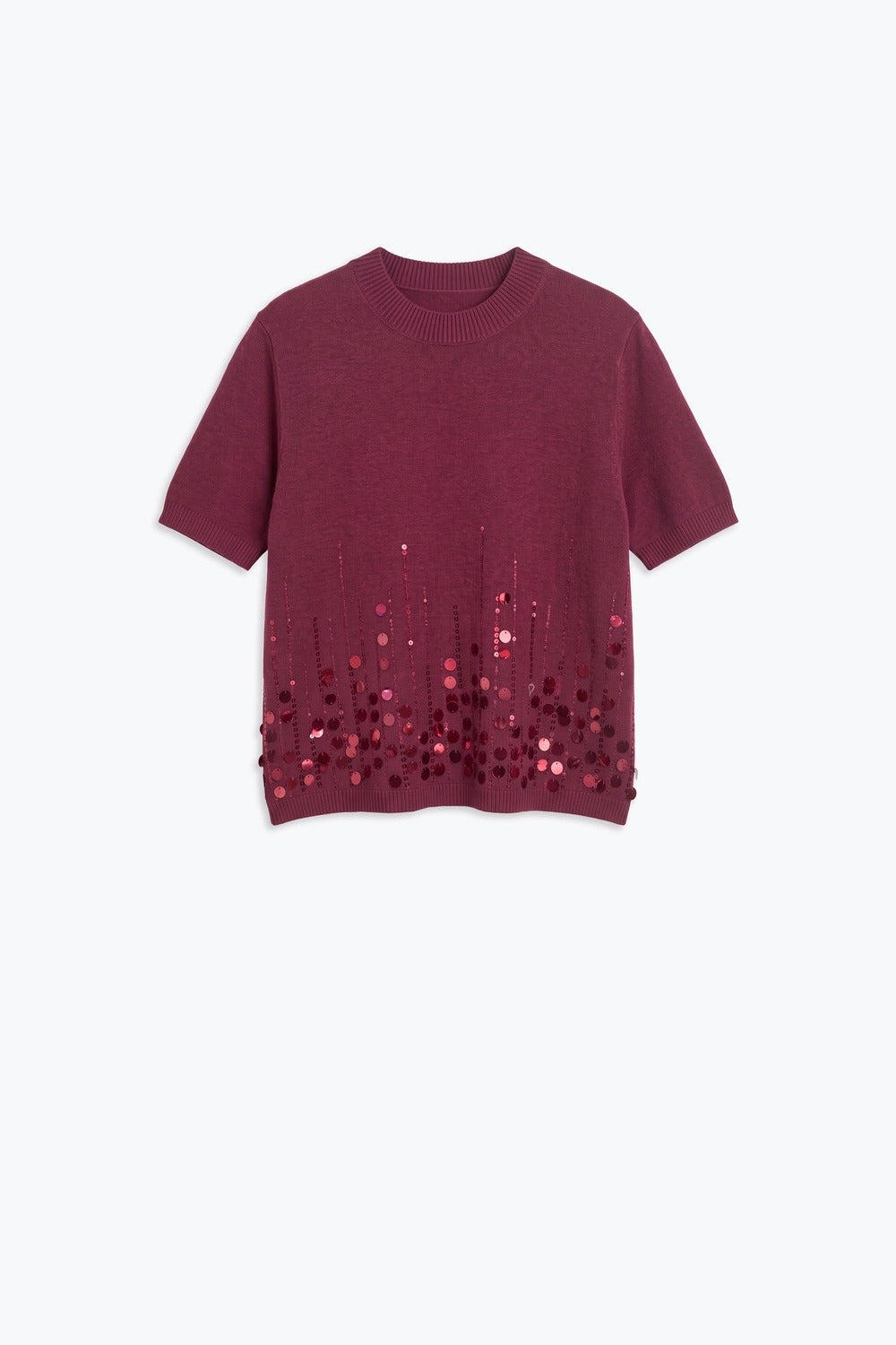 Burgundy Fine Knit Sequin Hem Short Sleeve Crew Neck Top
