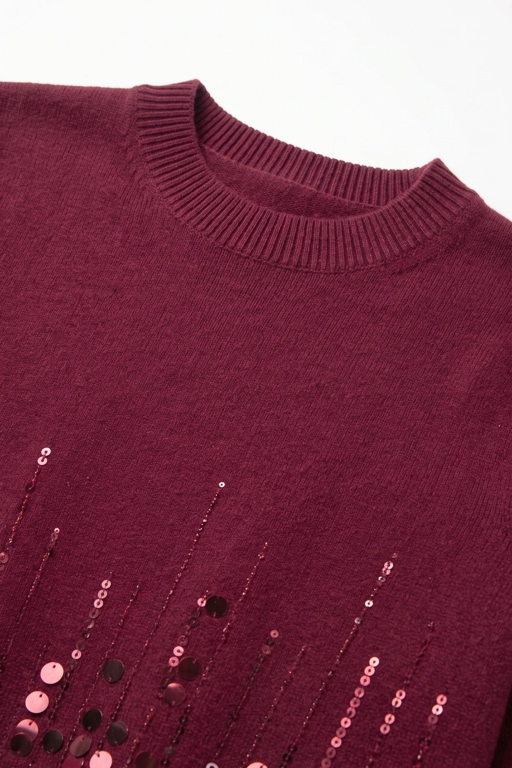 Burgundy Fine Knit Sequin Hem Short Sleeve Crew Neck Top - Tops