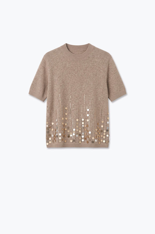 Beige Soft Knit Sequin Embellished Rib Trim Top - Tops
