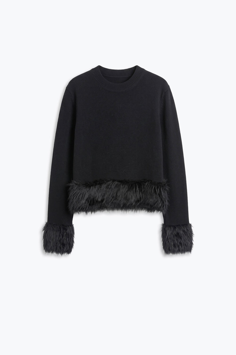 Black Soft Knit Faux Fur Trim Cropped Sweater - Jumpers