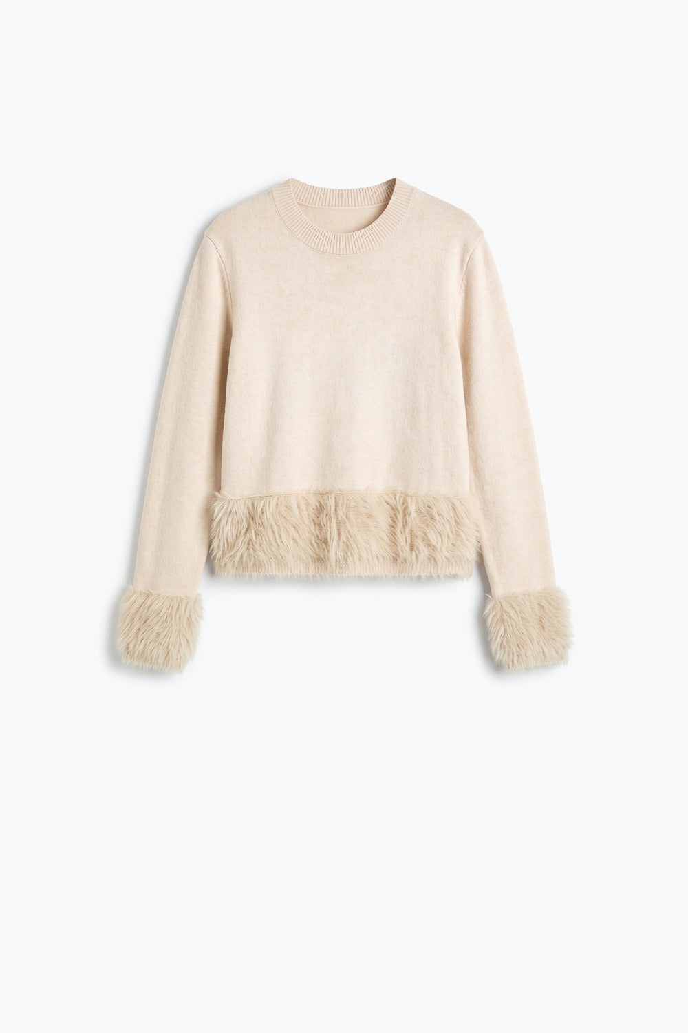 Cream Fine Knit Faux Fur Trim Cropped Sweater