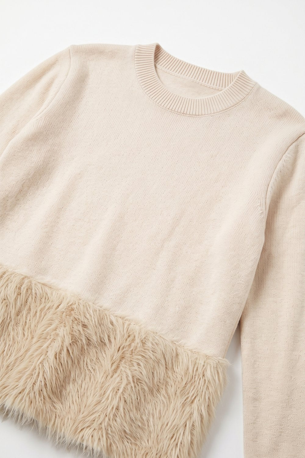 Cream Fine Knit Faux Fur Trim Cropped Sweater - Jumpers