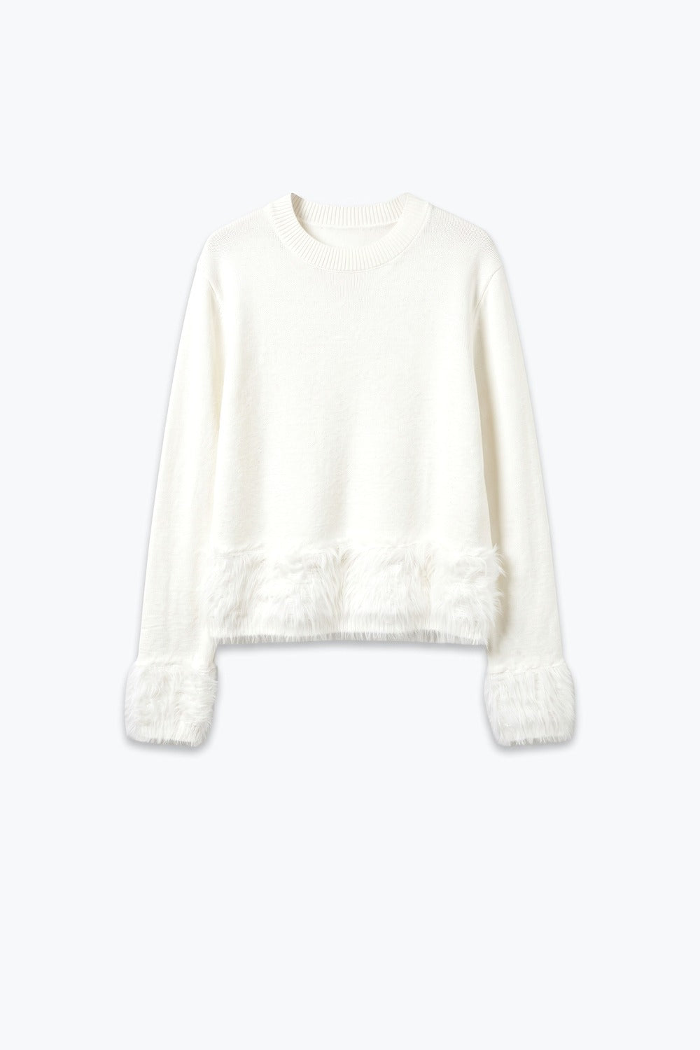 Cream Fine Knit Faux Fur Trim Crew Neck Sweater - Jumpers
